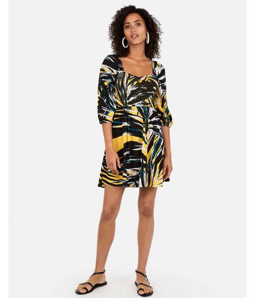 Express Womens Express Womens Tropical Print Smocked Puff Sleeve Fit And Flare Dress
