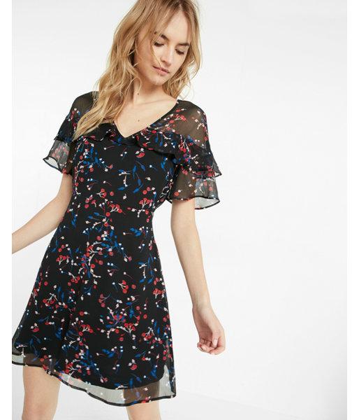 Express Womens Print Double Ruffle Fit And Flare Dress