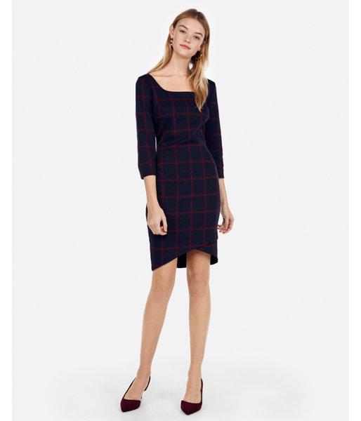 Express Womens Petite Plaid Square Neck  Dress