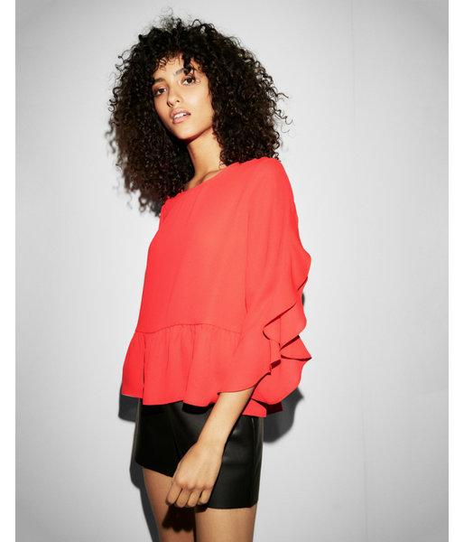 Express Womens Surplice Back Ruffle Sleeve Peplum Blouse