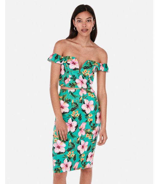 Express Womens Floral Off The Shoulder V-wire Cropped Ruffle Top