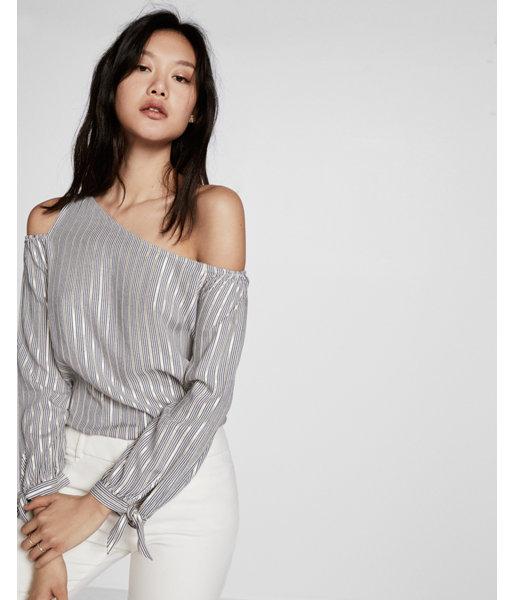 Express Womens Express Womens Petite Metallic Small Stripe Tie Sleeve One Shoulder Blouse