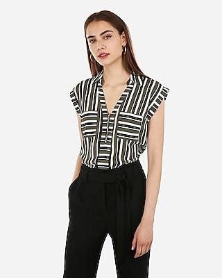 Express Womens Striped Short Sleeve Zip Front Chelsea Popover