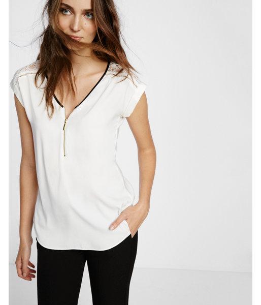 Express Womens Lace Sleeve Zip Front Blouse