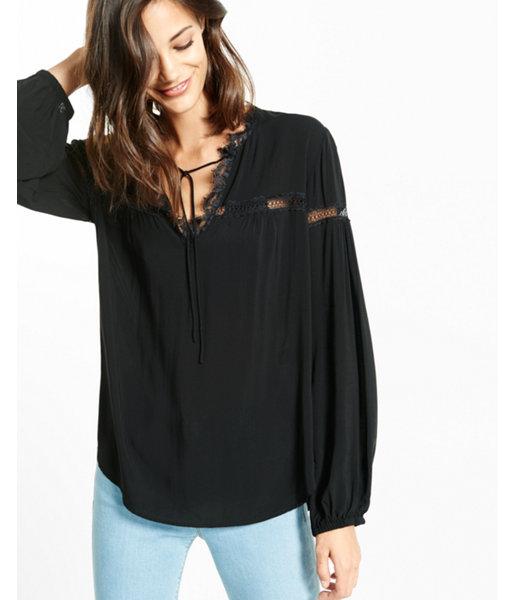 Express Womens Lace Inset Tie Neck Blouse