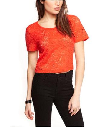 Express Womens Floral Lace Cropped Tee Orange X