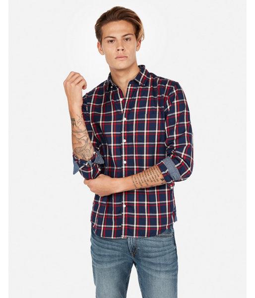 Express Mens Slim Plaid Button Collar Soft Wash