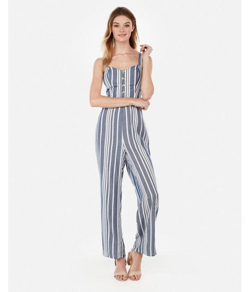 Express Womens Striped Button Front Cut-out Tie Back Jumpsuit