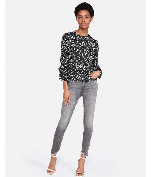 Express Womens Print Long Sleeve Ruffle Peplum Blouse