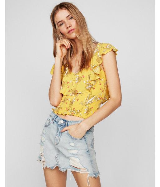 Express Womens Floral Ruffle Shoulder Smocked Bodice Top