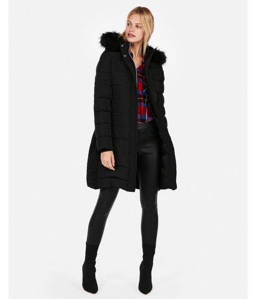 Express Womens Petite Long Belted Puffer Jacket