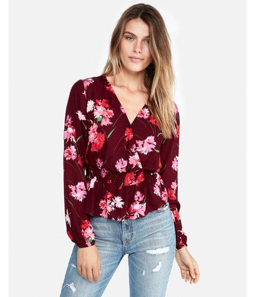 Express Womens Petite Floral Smocked Waist Surplice Blouse