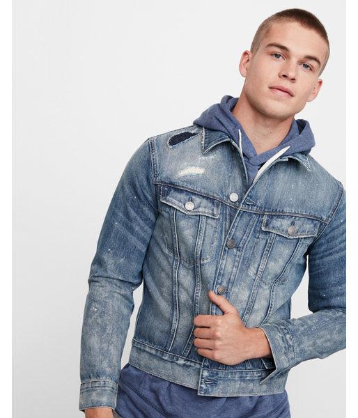 Express Mens Splatter Denim Trucker Jacket