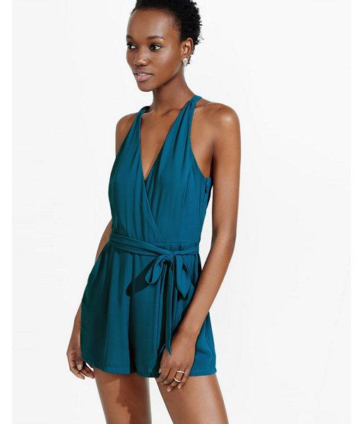 Express Womens Teal Surplice Halter Romper