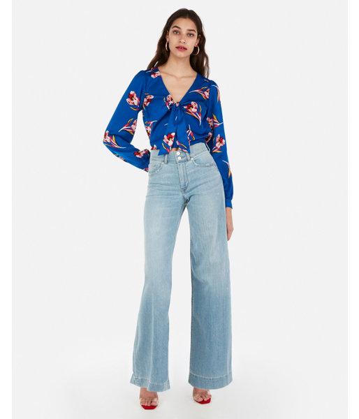 Express Womens Satin Tie Front Floral Print Cropped Long
