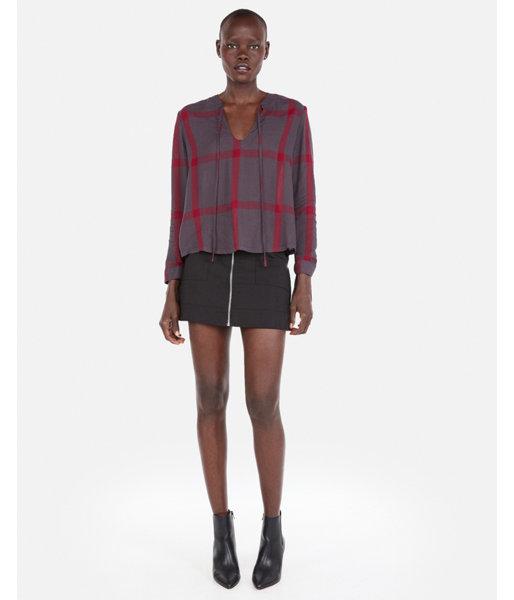 Express Womens Plaid Tie Neck Popover Top