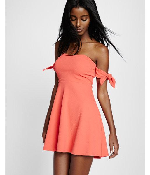 Express Womens Off The Shoulder Tie Sleeve Fit And Flare Dress