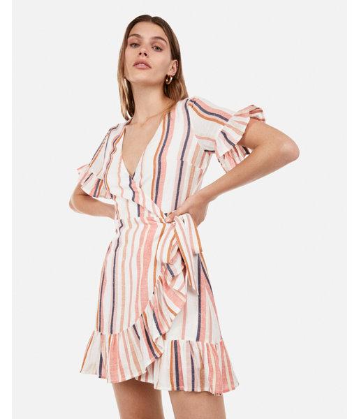 Express Womens Multi-striped Ruffle Wrap Front Tie Dress