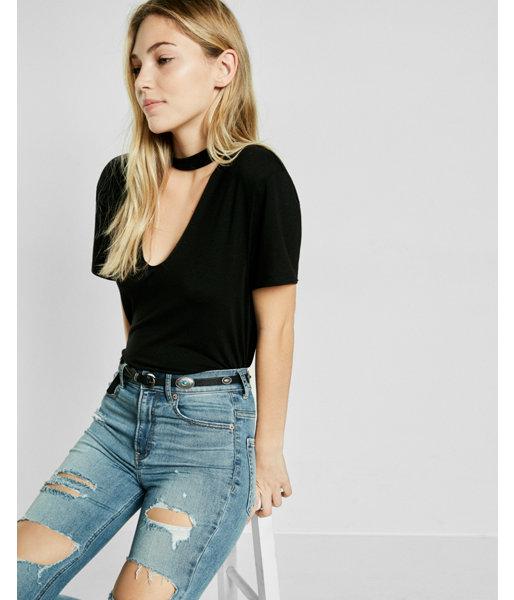 Express One Eleven Choker V-neck Tee