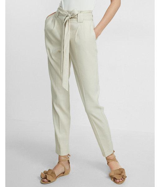 Express Petite High Waisted Linen Blend Belted Ankle Pant