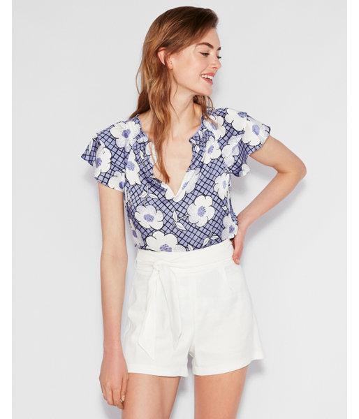Express Womens Petite Floral Smocked Ruffle Blouse