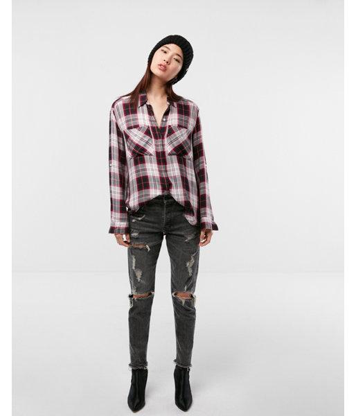 Express Womens Multicolor Plaid Button Up Tunic