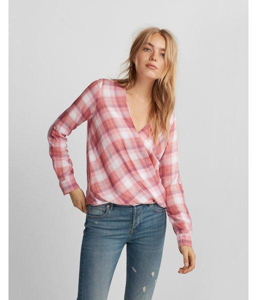 Express Womens Pink Plaid Surplice Blouse