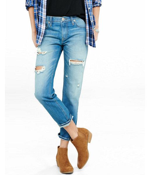 Express Womens Mid Rise Distressed Faded Unrolled Girlfriend Jeans