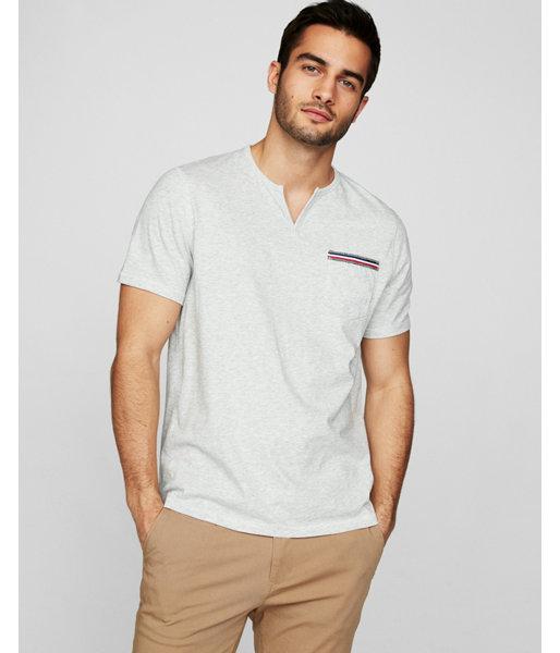 Express Mens Striped Trim Pocket Notch Neck Tee
