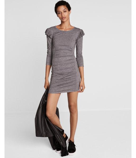 Express Marled Ruffle Shoulder Ruched Dress
