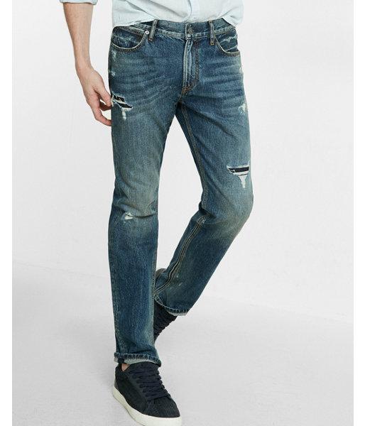 Express Mens Slim Fit Straight Leg Destroyed Jeans