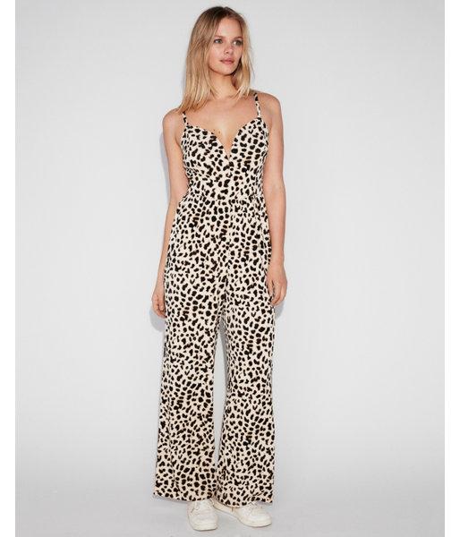 Express Womens Leopard Print V-wire Cami Jumpsuit