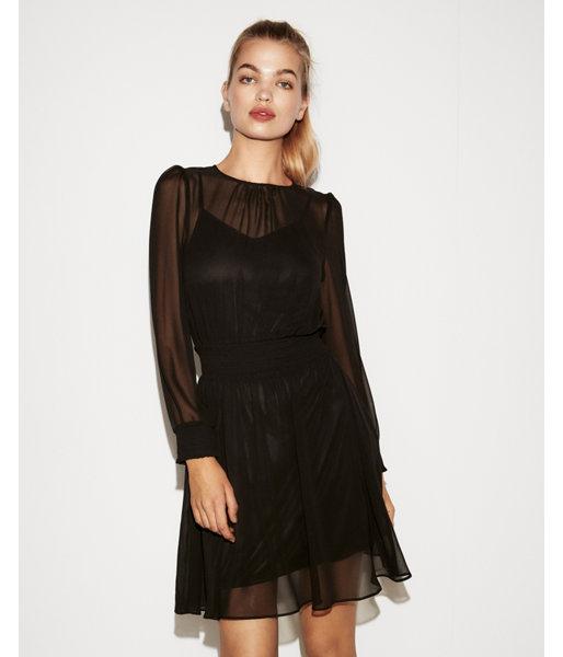 Express Womens Sheer Smocked Waist Fit And Flare Dress