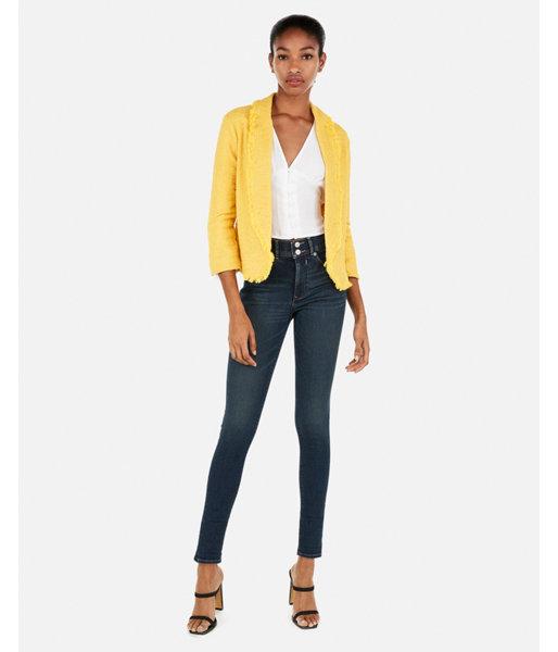 Express Womens Frayed Tweed Knit Cropped Blazer