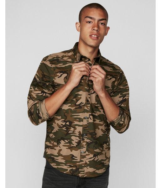 Express Mens Slim Camo Long Sleeve Button-down
