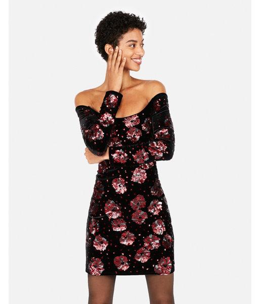 Express Womens Edition Off The Shoulder Floral Velvet Dress