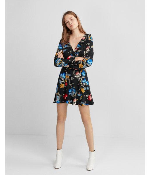 Express Womens Floral Long Sleeve Ruffle Front Dress
