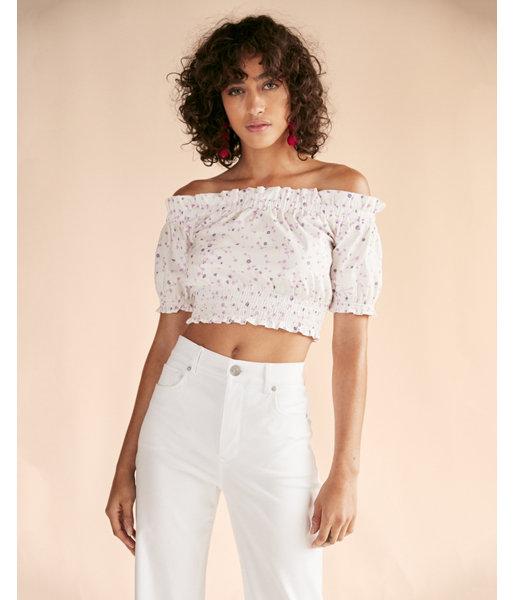 Express Womens Floral Off The Shoulder Smocked Cropped Top