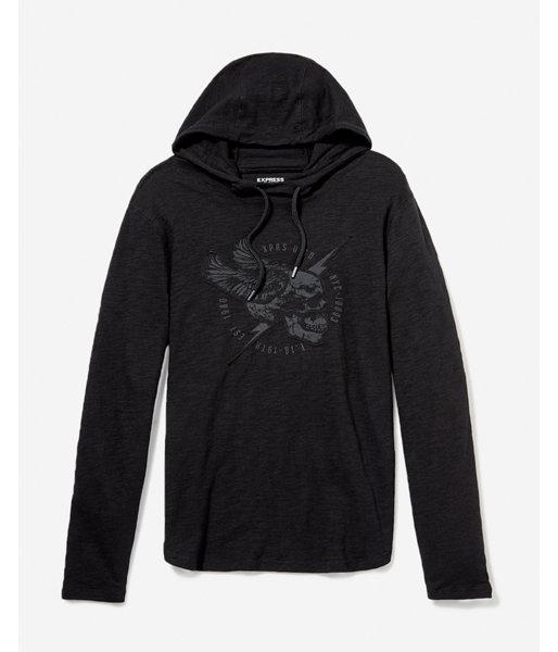 Express Mens Slub Lightning Skull Hooded Graphic T-shirt