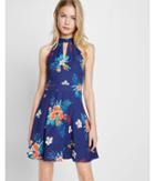Express Womens Floral Print Mock Neck Keyhole Fit And Flare Dress