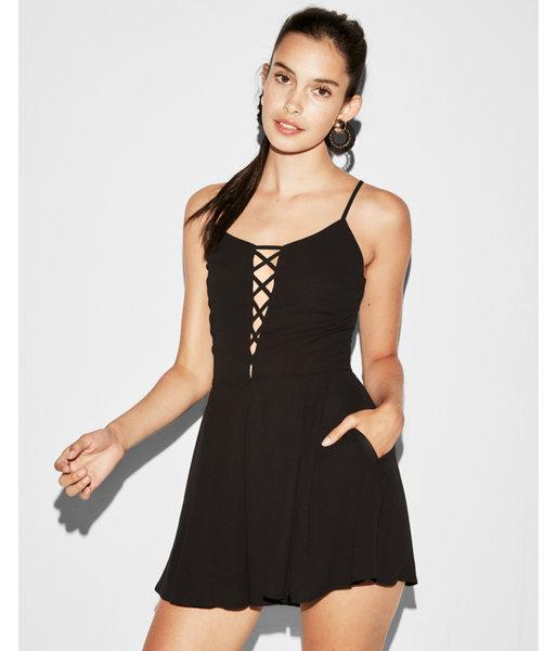 Express Womens Solid Lattice Front Romper