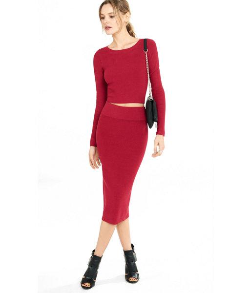 Express Women's Skirts Red High Waisted Ribbed Sweater Pencil