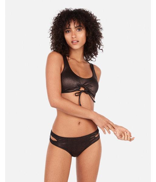 Express Womens Bronze Ribbed Center Cinch Tie Scoop Bikini Top