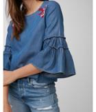 Express Womens Silky Soft Denim Embroidered Top