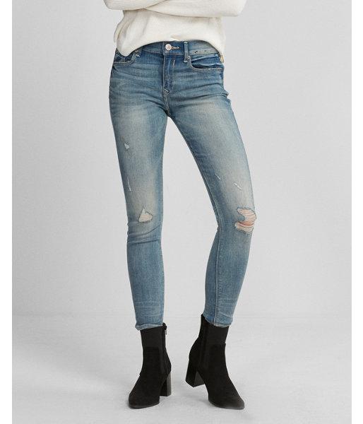 Express Womens Mid Rise Light Wash Distressed Stretch Jean