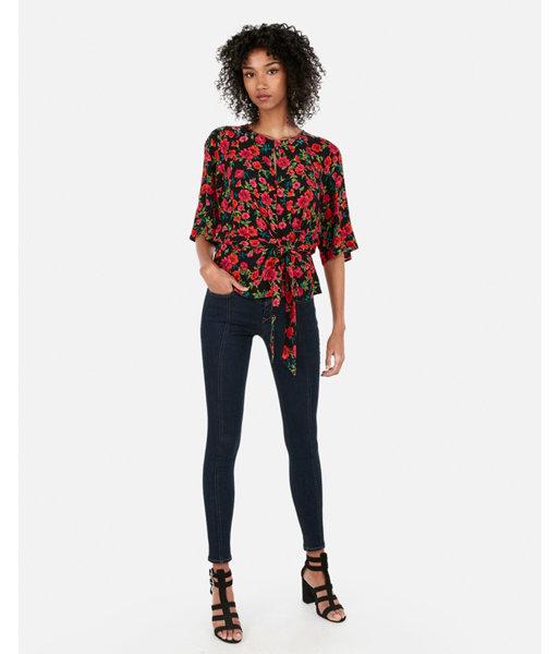 Express Womens Floral Tie Front Flutter Sleeve Peplum Top