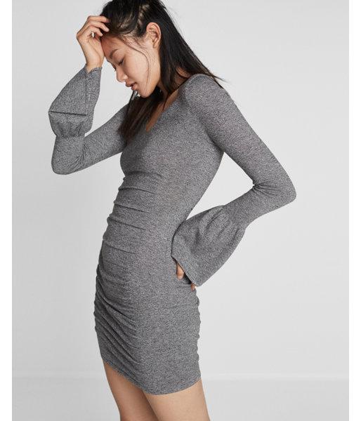 Express Marled V-neck Bell Sleeve Ruched Dress