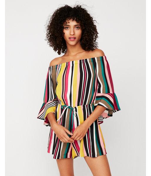Express Womens Petite Striped Off The Shoulder Bell
