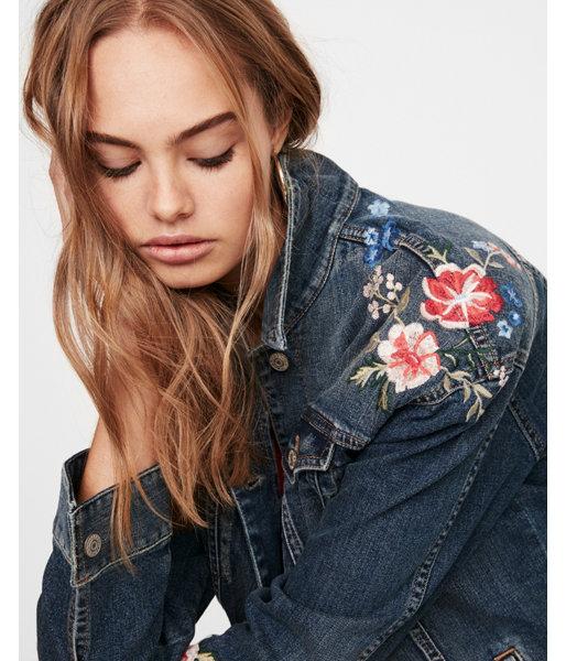 Express Womens Floral Denim Boyfriend Jacket
