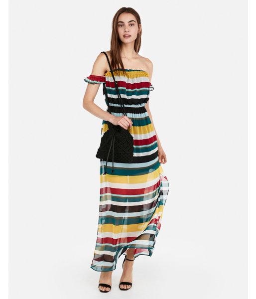 Express Womens Striped Off The Shoulder Flutter Sleeve